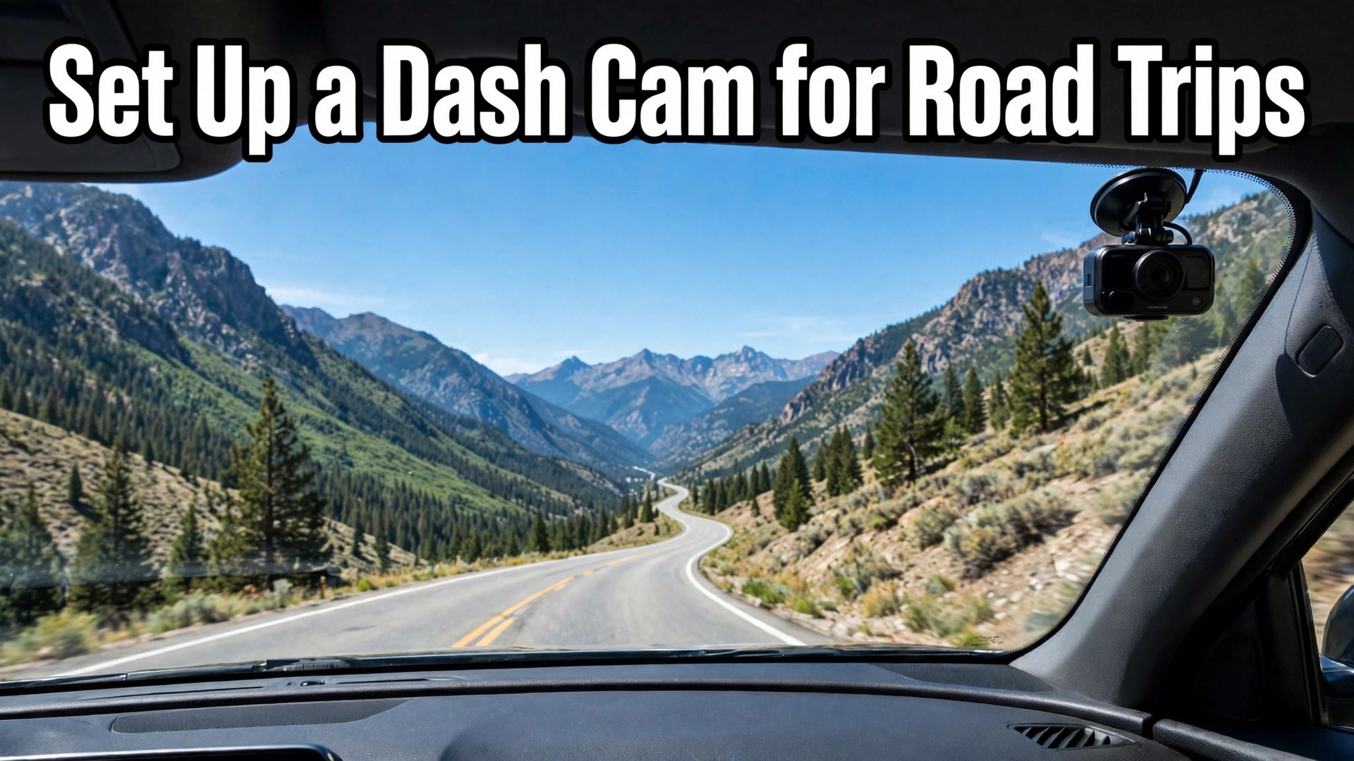 set up dash cam for road trips thumbnail showing a dash cam mounted on a windshield over a mountain road