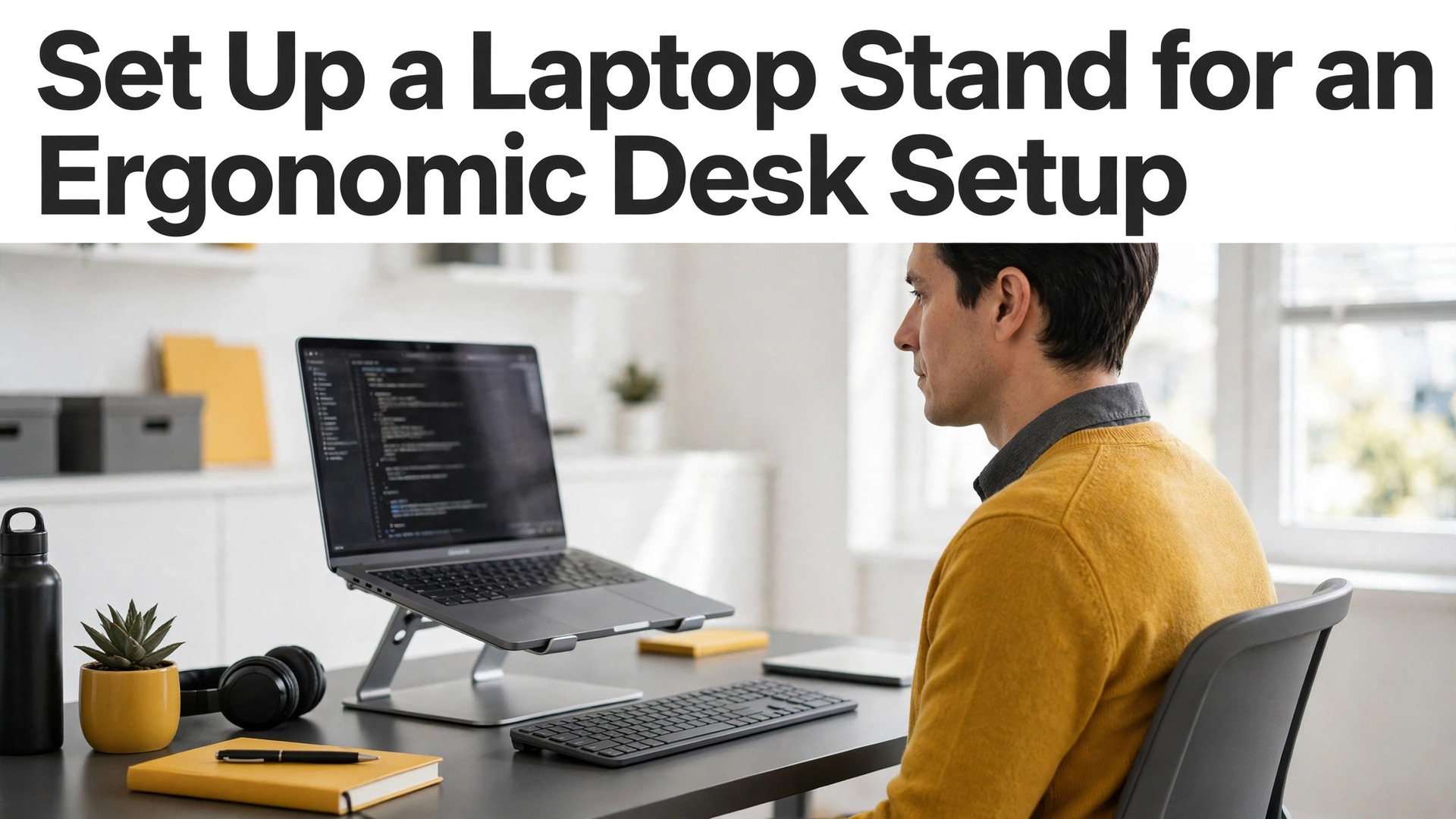 set up laptop stand for ergonomic desk setup thumbnail showing a laptop raised on a stand with an external keyboard