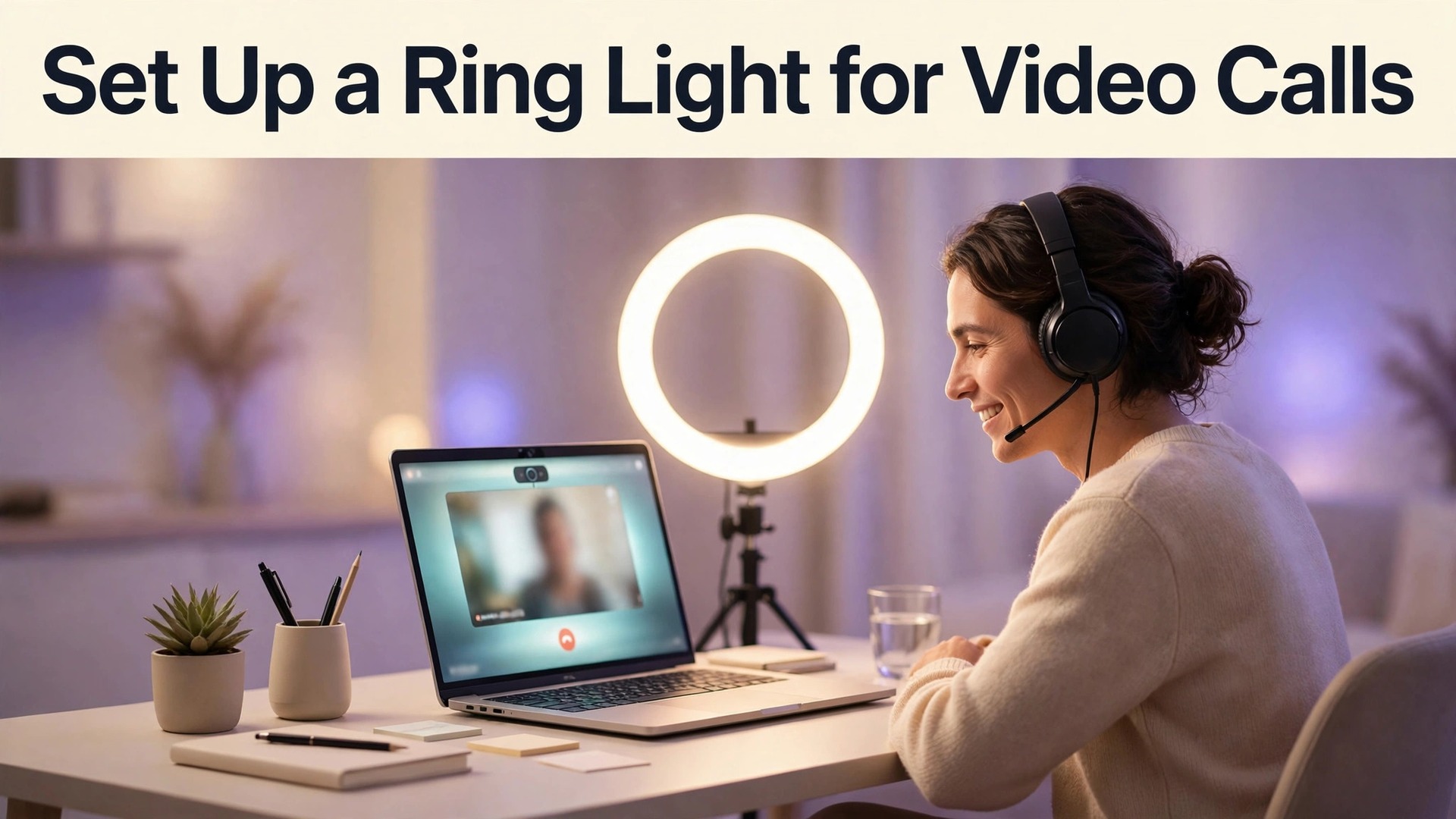 set up ring light for video calls thumbnail showing a woman on a video call lit by a ring light at a desk