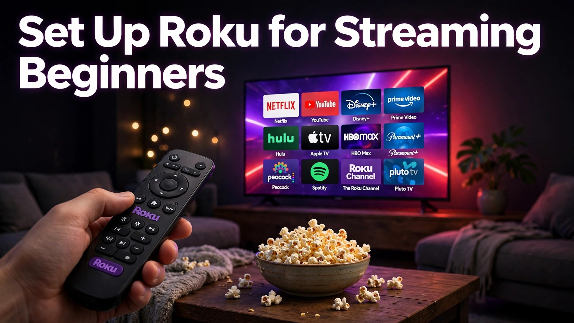 set up Roku for streaming beginners thumbnail showing a hand holding a Roku remote before a TV with streaming apps