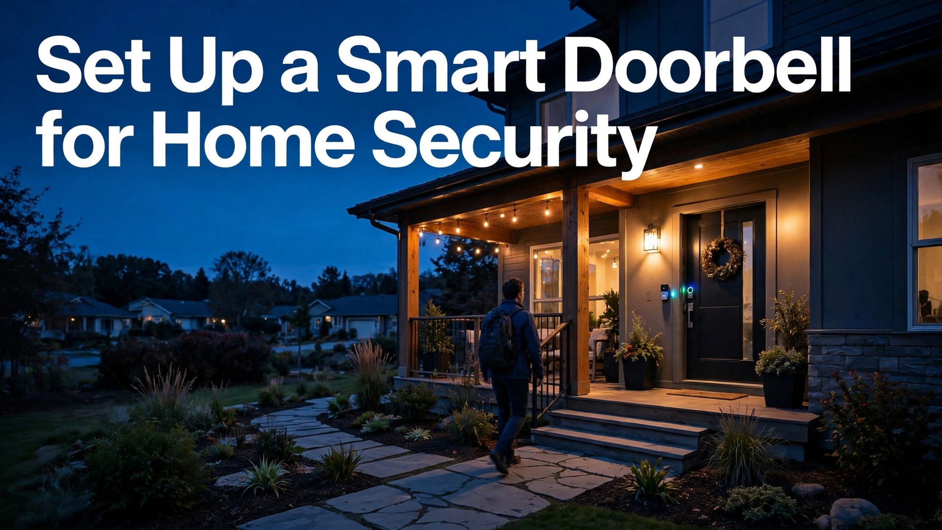 set up smart doorbell for home security thumbnail showing a visitor approaching a porch with a glowing video doorbell at dusk