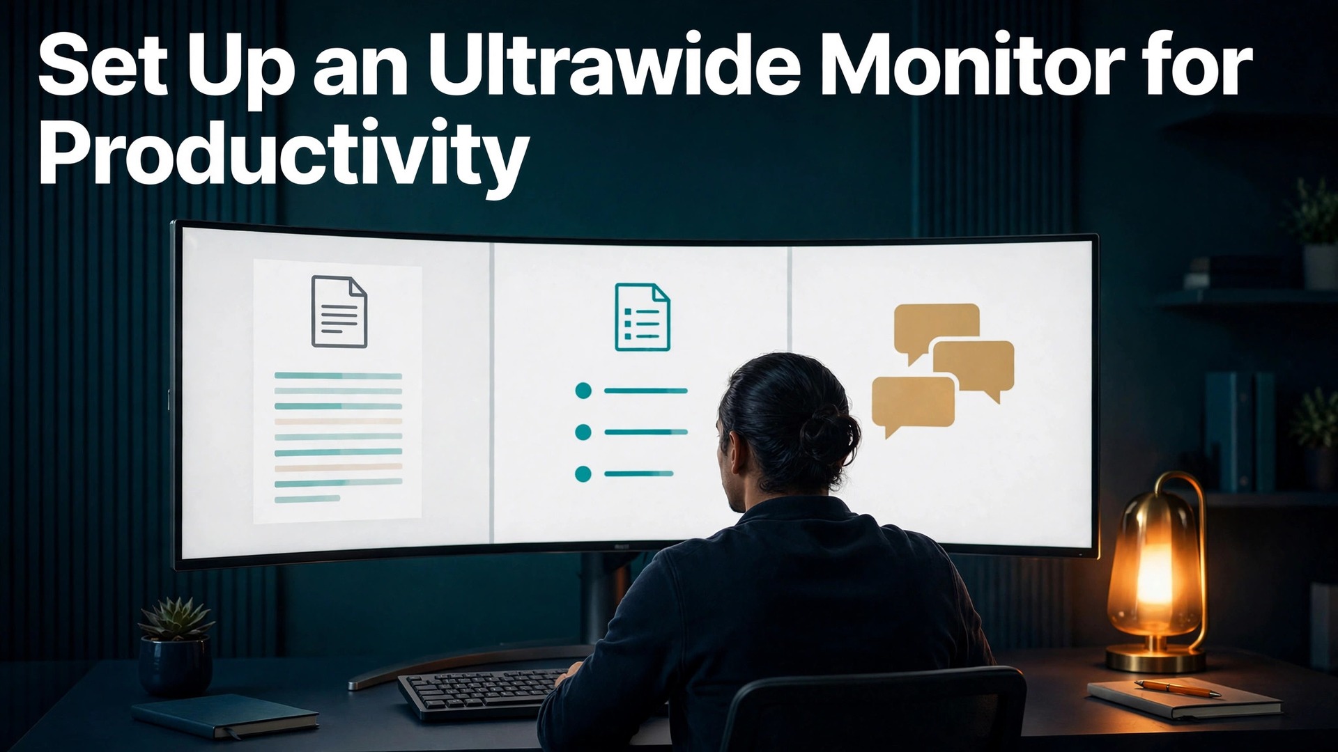 set up ultrawide monitor for productivity thumbnail showing a worker before a wide curved monitor with document reference and chat panes