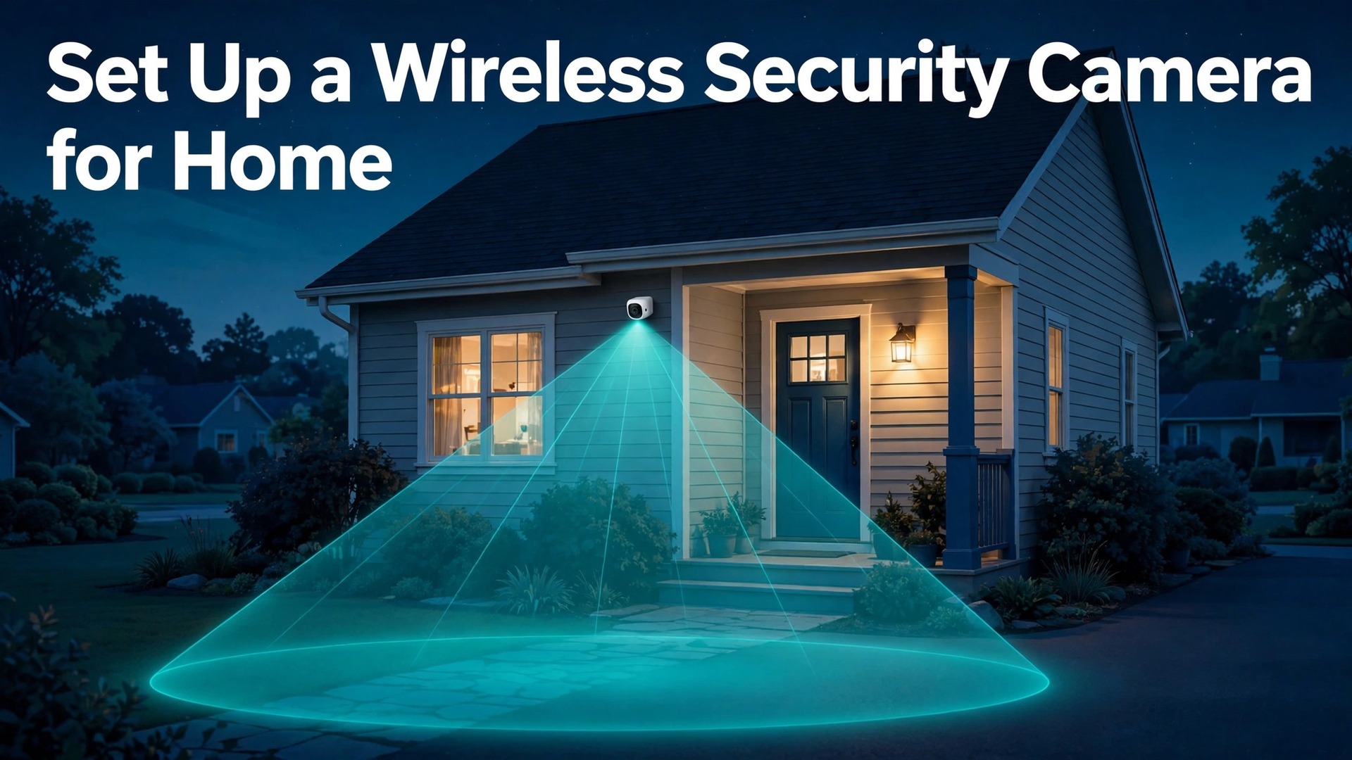 set up wireless security camera for home thumbnail showing a house at night with a camera coverage cone over the porch