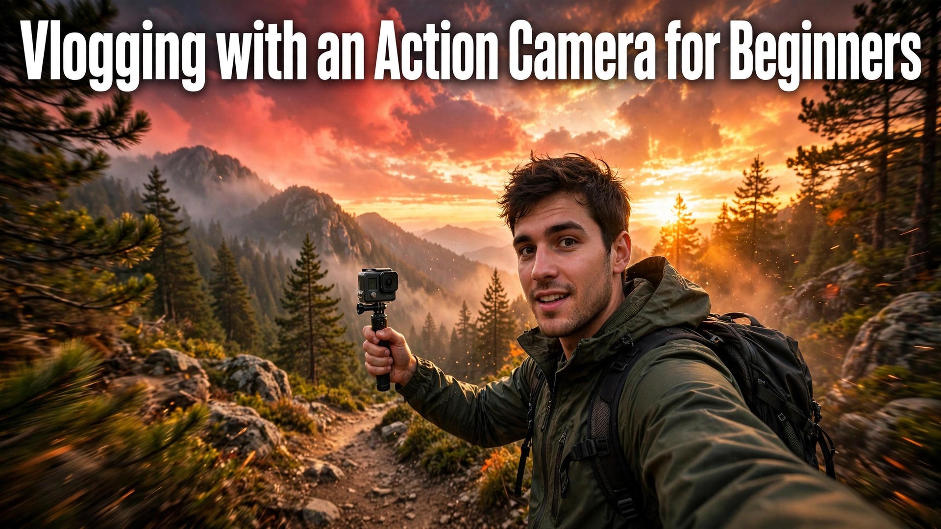 use action camera for vlogging beginners thumbnail showing a creator on a mountain trail at sunrise holding an action camera