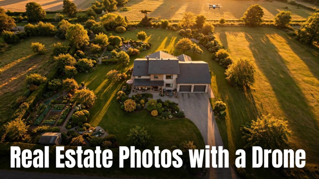 use drone for real estate photos thumbnail showing an aerial view of a house with gardens at golden hour