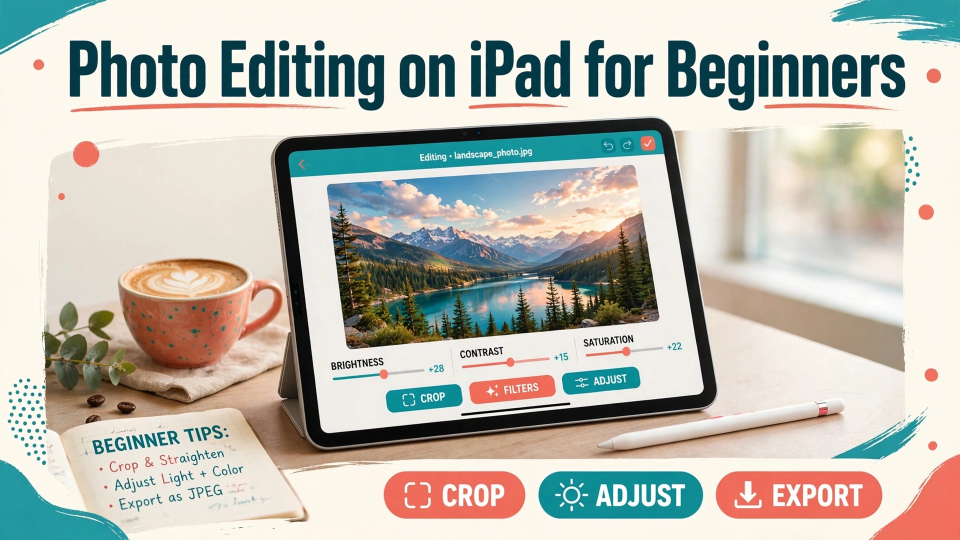use iPad for photo editing beginners thumbnail showing a tablet editing a mountain landscape beside coffee and a tips notebook