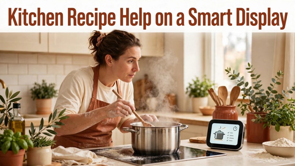 use smart display for kitchen recipe help thumbnail showing a cook stirring a pot beside a smart display with a recipe