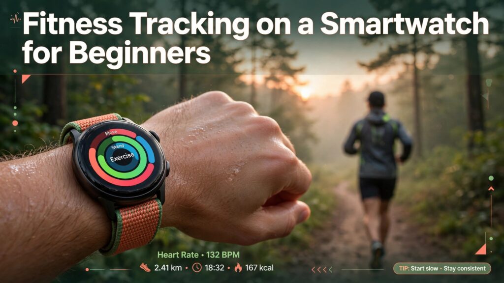 use smartwatch for fitness tracking beginners thumbnail showing a smartwatch with activity rings on a trail run at sunrise