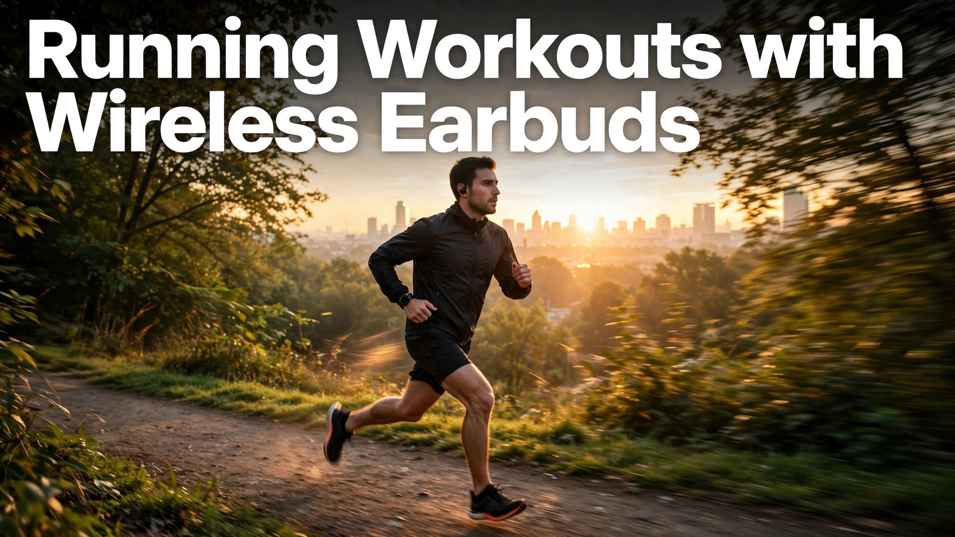 use wireless earbuds for running workouts thumbnail showing a runner on a trail at sunrise wearing wireless earbuds