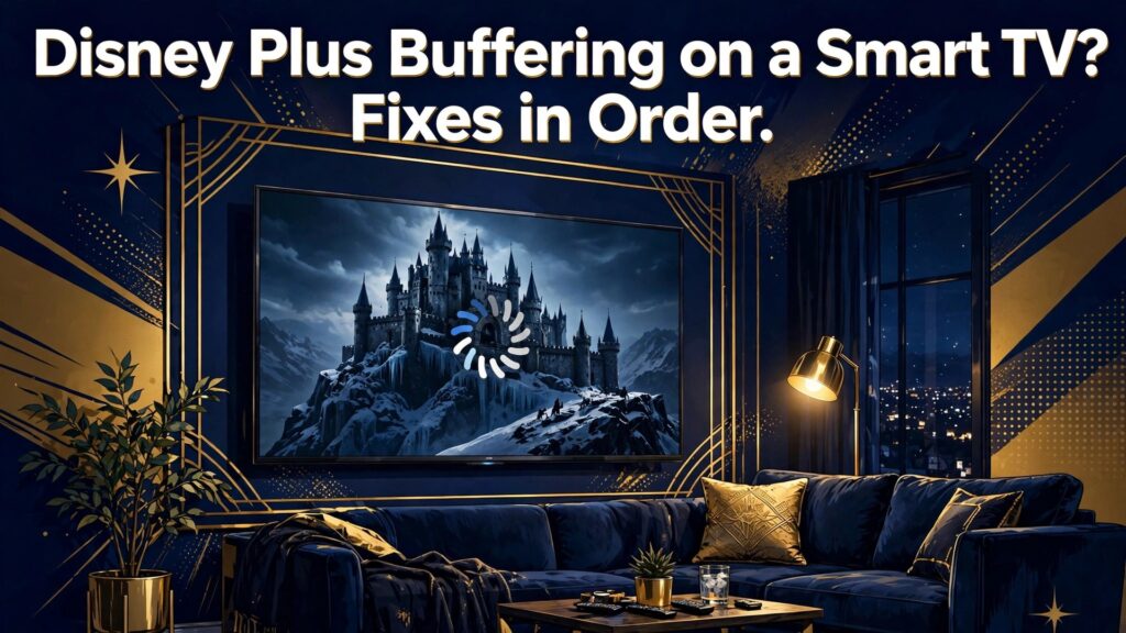 fix Disney Plus buffering smart TV thumbnail showing a living room TV with a castle scene and buffering spinner