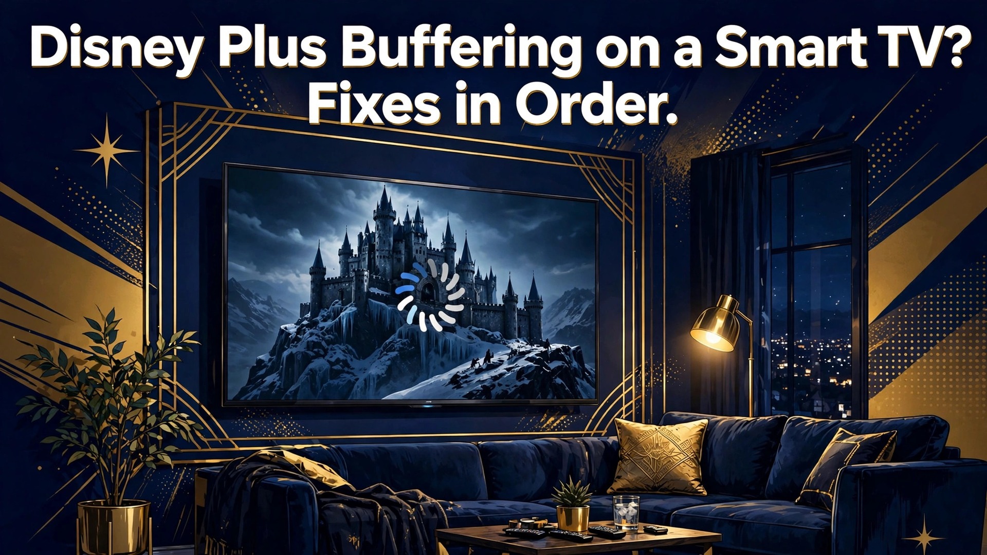 fix Disney Plus buffering smart TV thumbnail showing a living room TV with a castle scene and buffering spinner