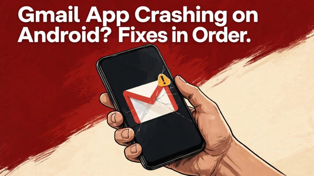 fix Gmail app crashing Android thumbnail showing a hand holding a phone with a cracked Gmail screen and warning badge