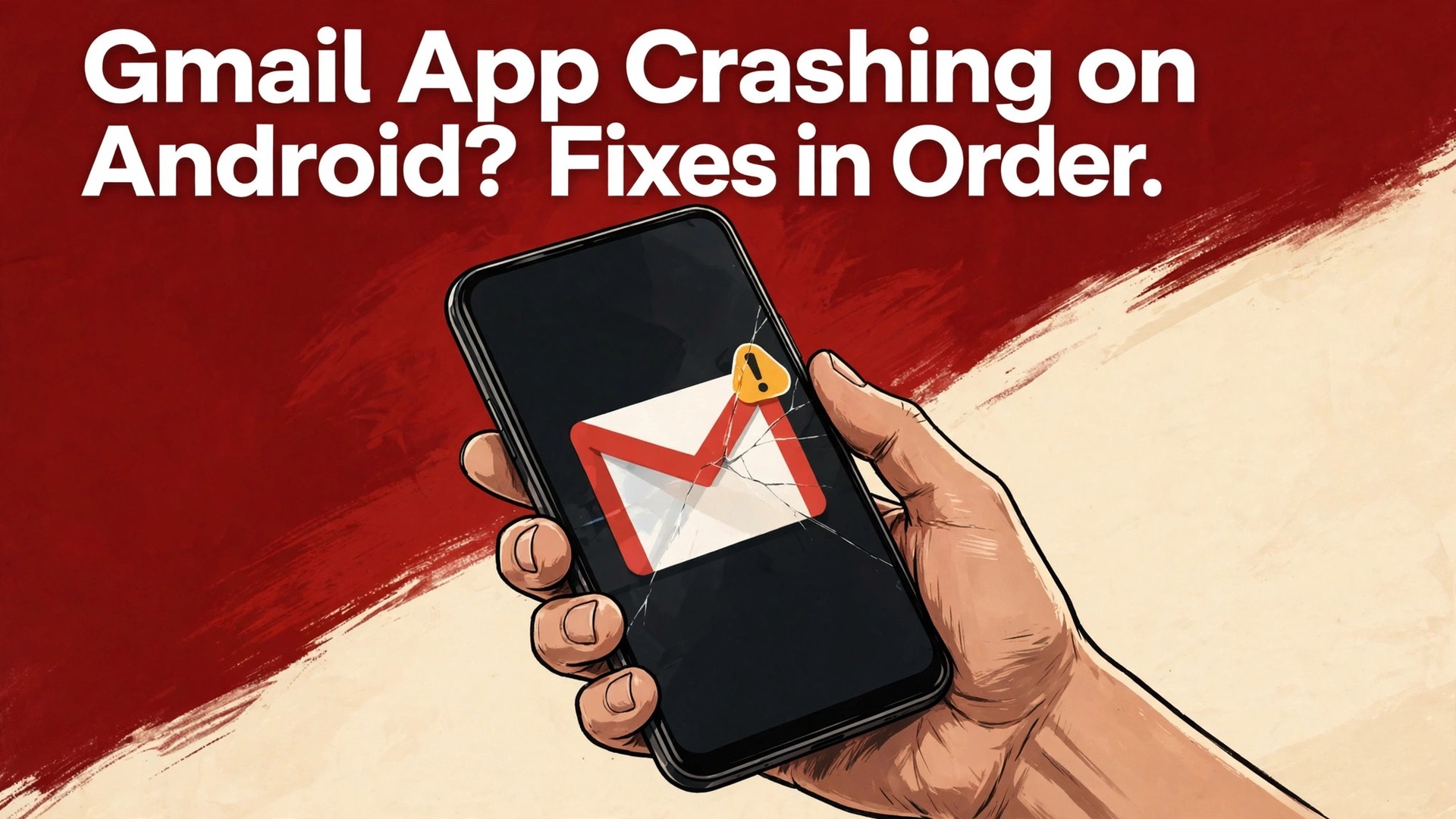 fix Gmail app crashing Android thumbnail showing a hand holding a phone with a cracked Gmail screen and warning badge