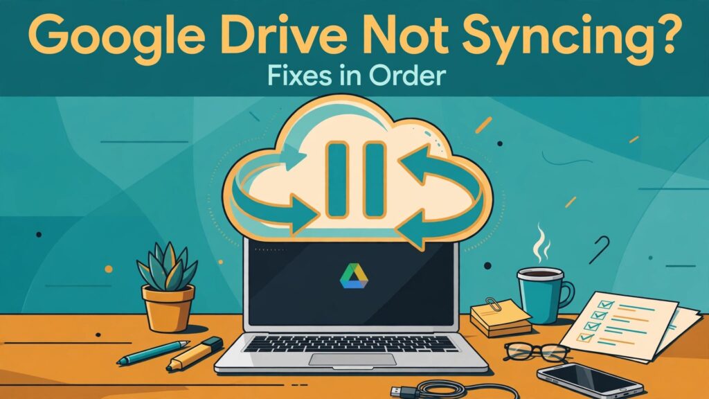 fix Google Drive not syncing computer thumbnail showing a laptop under a paused sync cloud