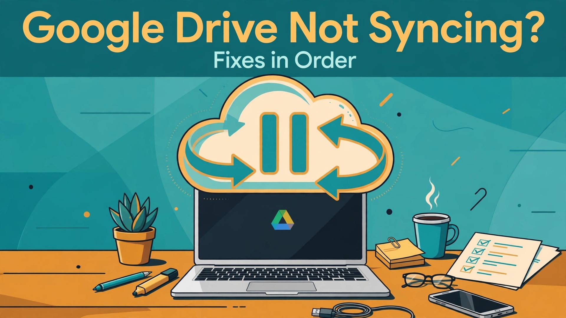 fix Google Drive not syncing computer thumbnail showing a laptop under a paused sync cloud