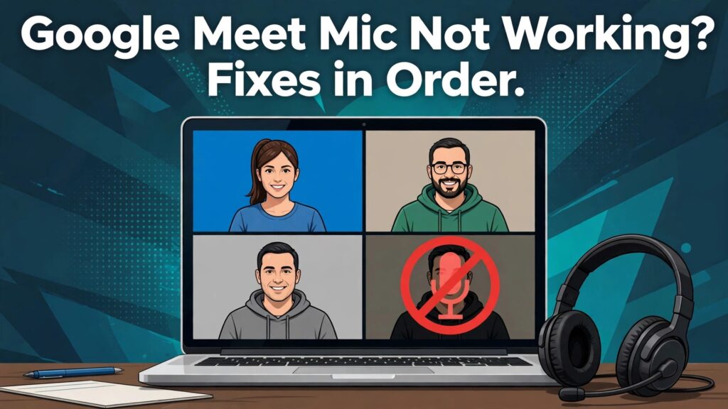fix Google Meet mic not working thumbnail showing a video call grid with one muted microphone tile
