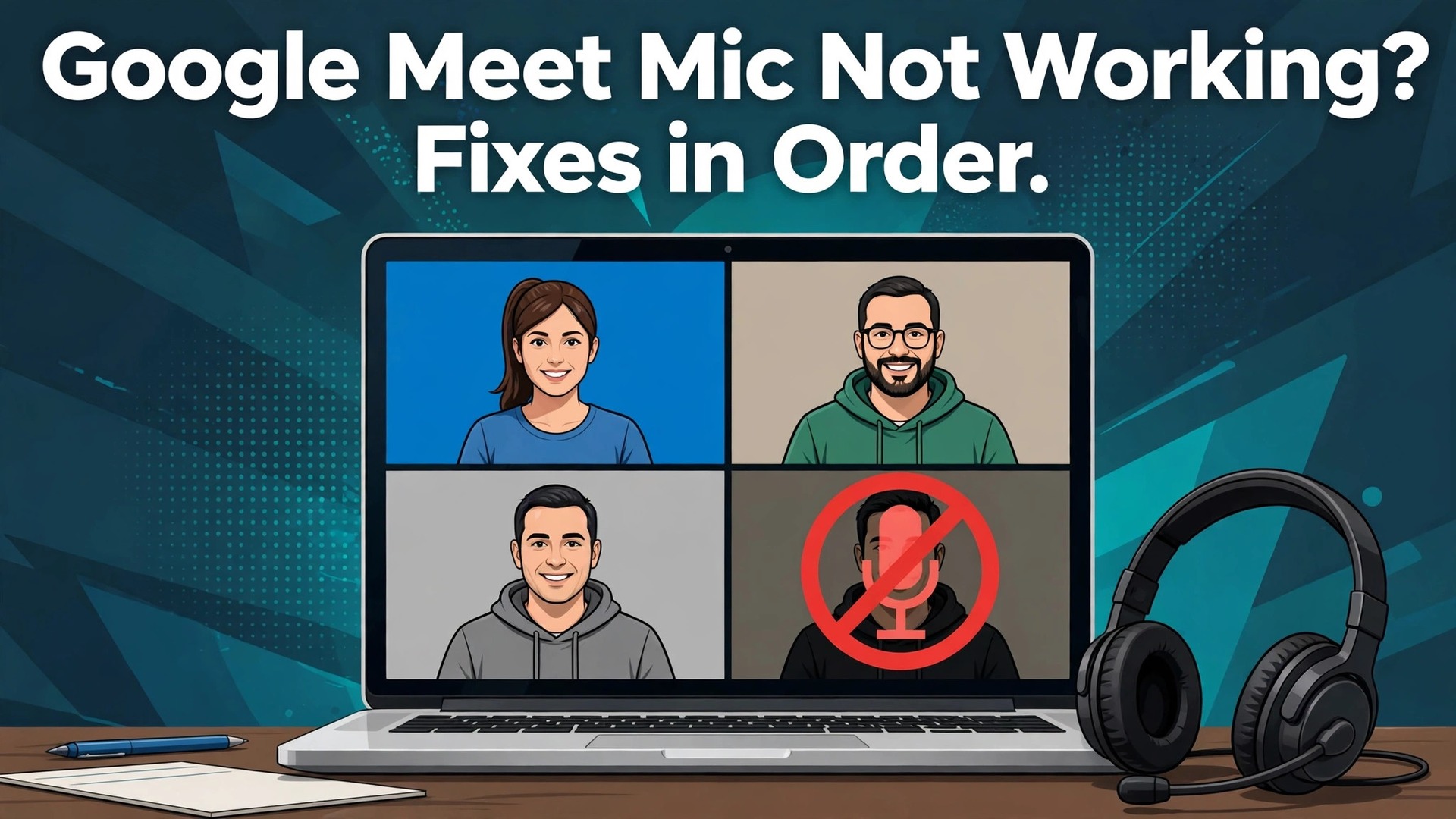 fix Google Meet mic not working thumbnail showing a video call grid with one muted microphone tile