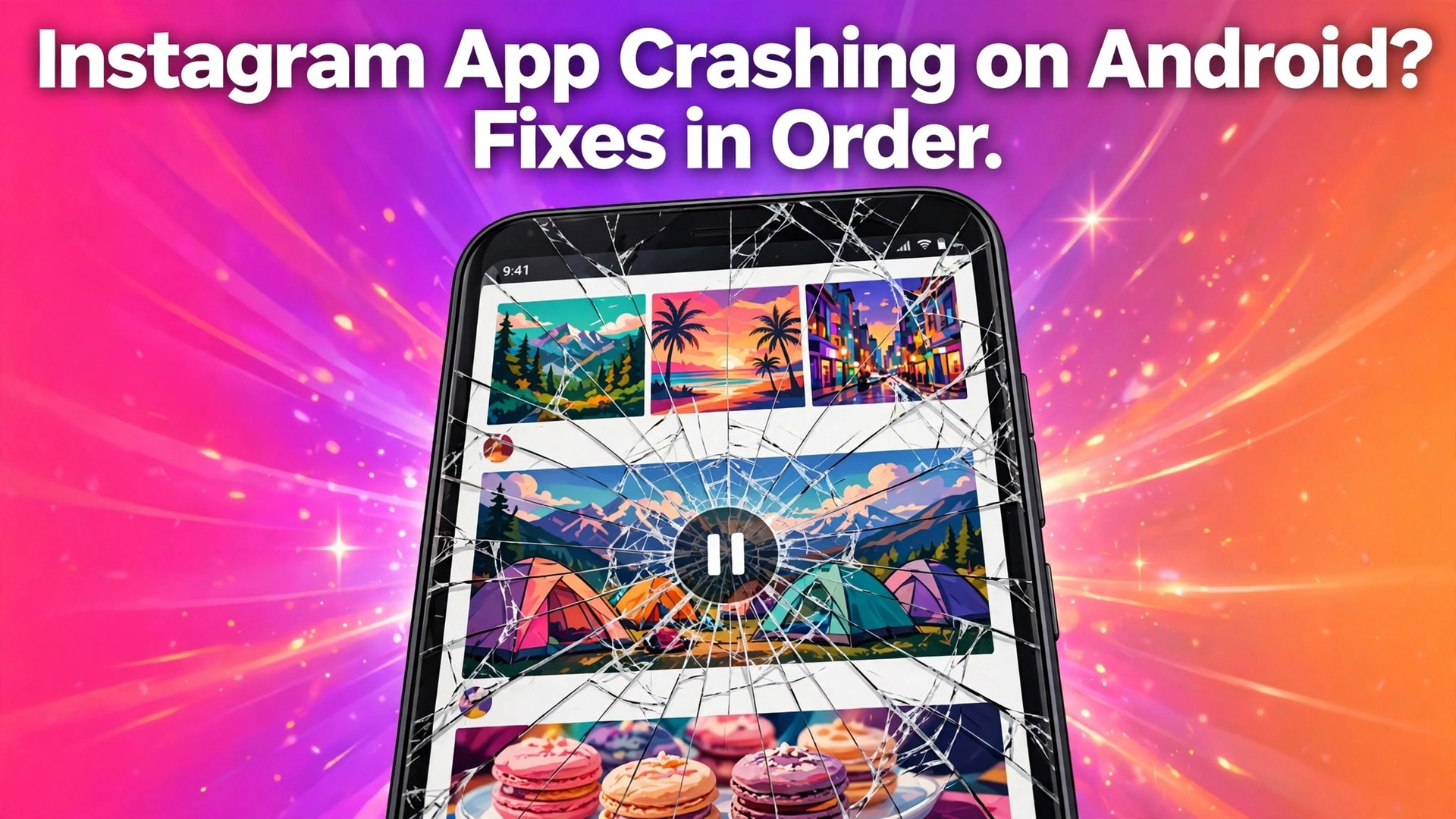 fix Instagram app crashing Android thumbnail showing a phone with a cracked photo feed screen