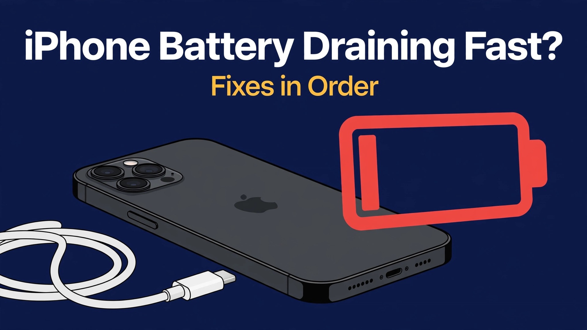 fix iPhone battery draining fast thumbnail showing an iPhone with a low red battery icon and charging cable