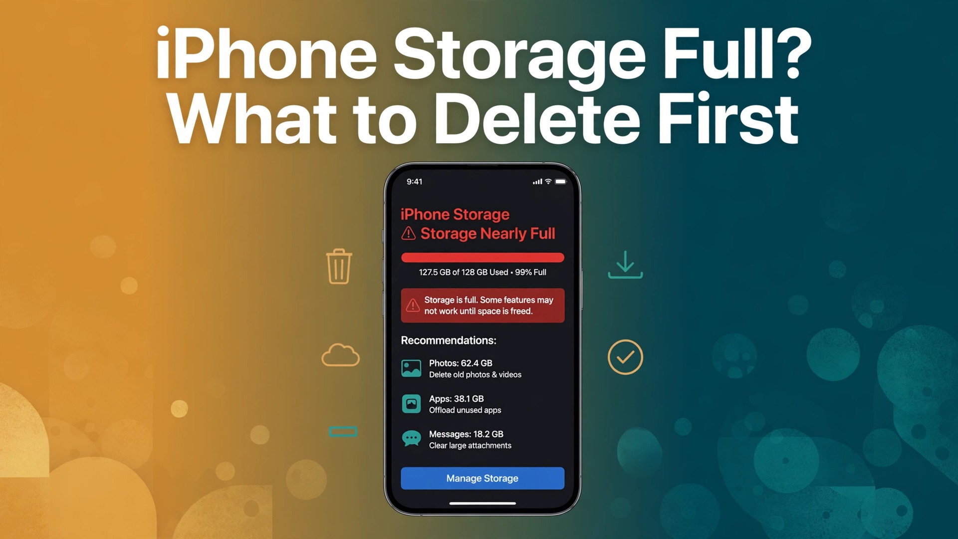 fix iPhone storage full thumbnail showing a phone warning that storage is nearly full with cleanup recommendations