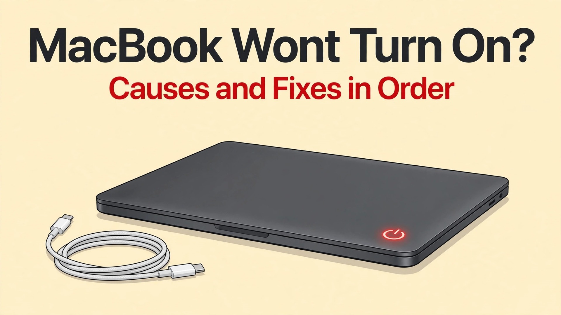 fix MacBook wont turn on thumbnail showing a closed MacBook with a glowing power symbol and charging cable