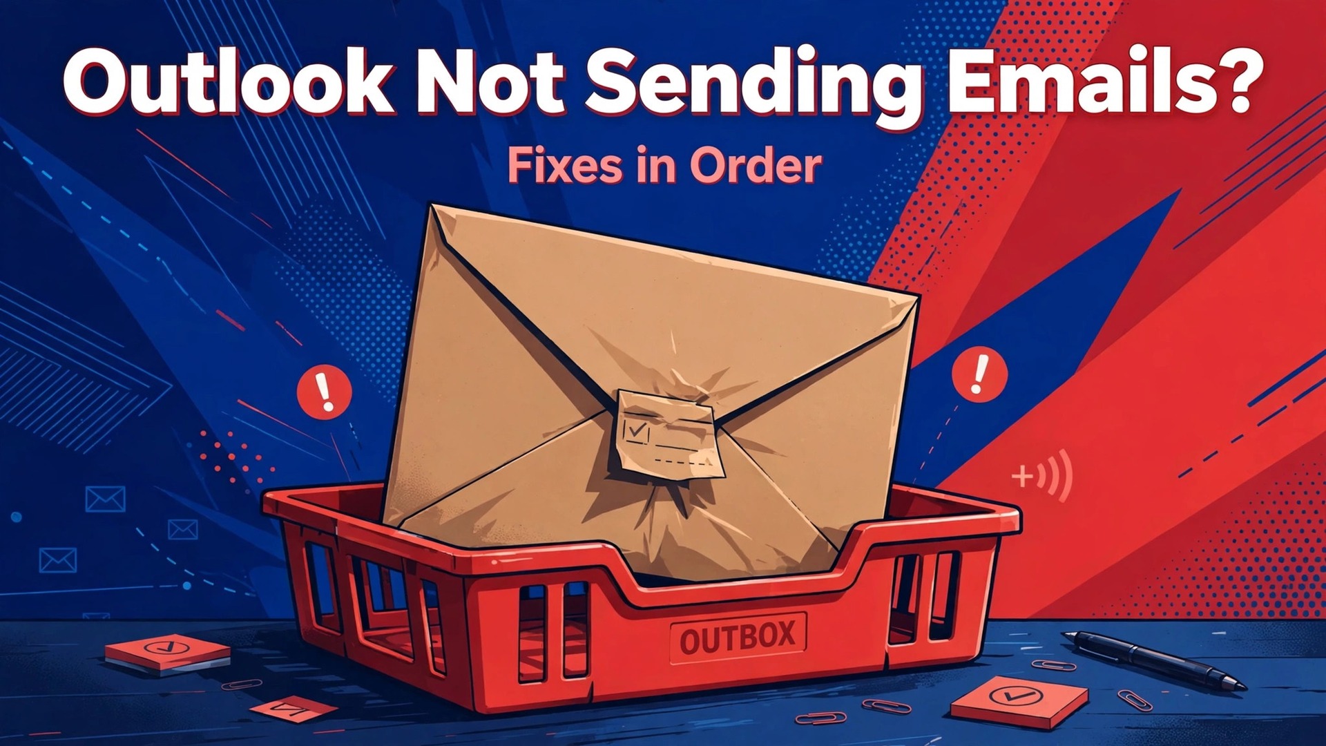 fix Outlook not sending emails thumbnail showing a large envelope stuck in a red outbox tray