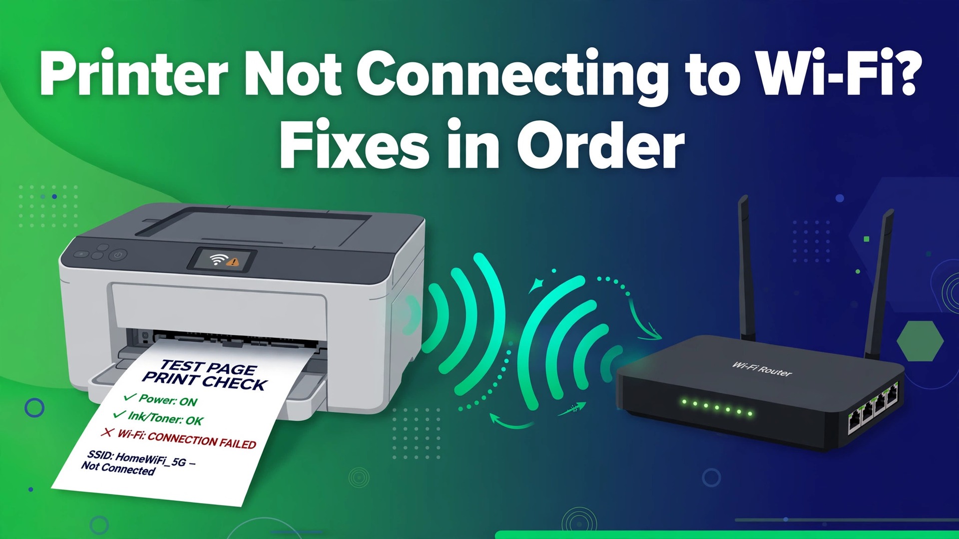 fix printer not connecting Wi-Fi thumbnail showing a printer test page reporting Wi-Fi connection failed beside a router