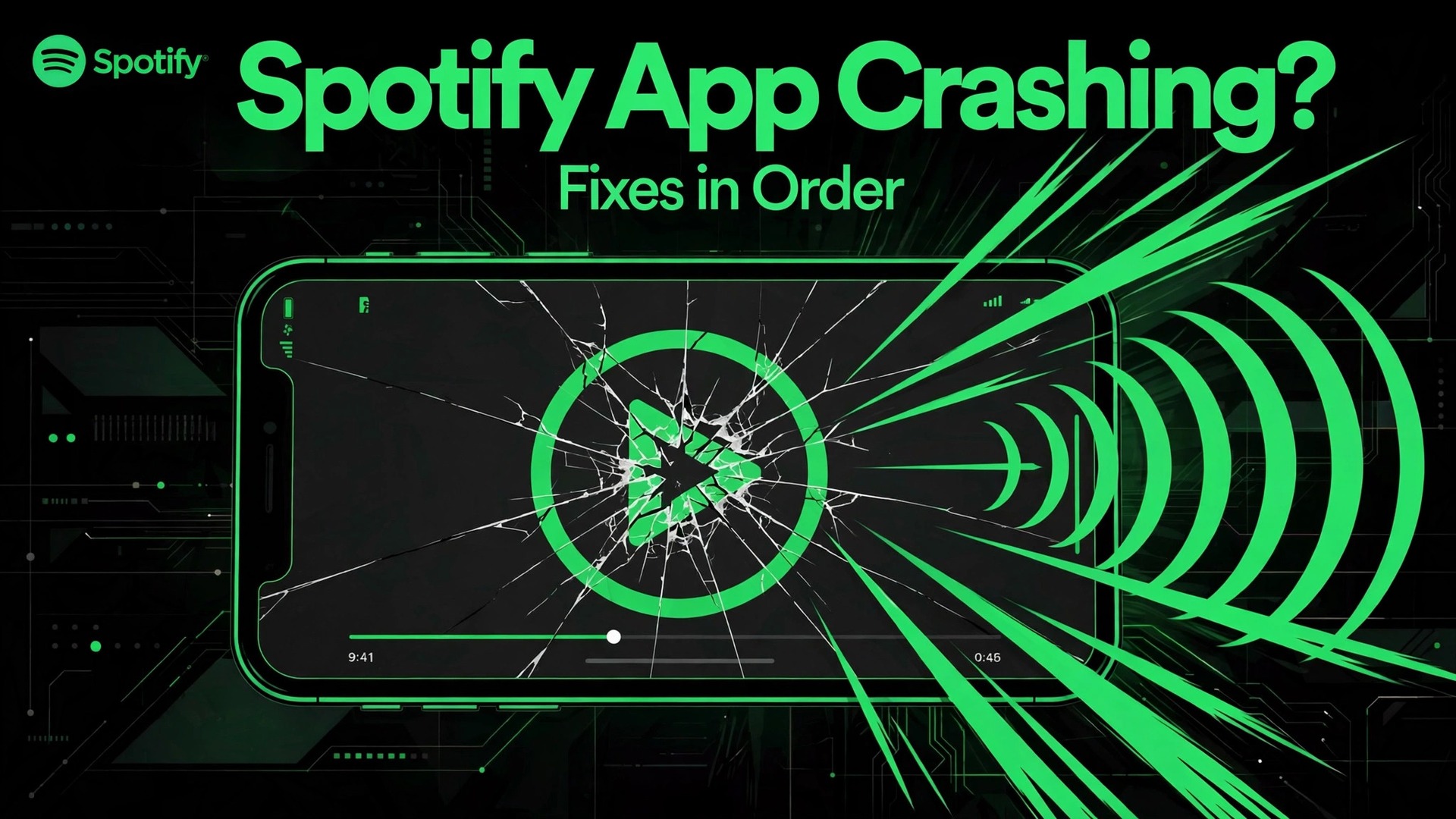 fix Spotify app crashing phone thumbnail showing a phone with a cracked music player screen