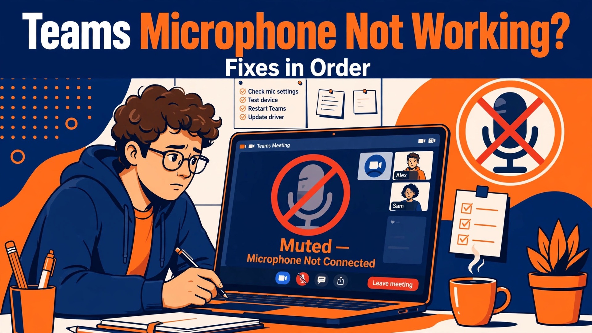 fix Teams microphone not working meeting thumbnail showing a meeting screen with a muted microphone warning