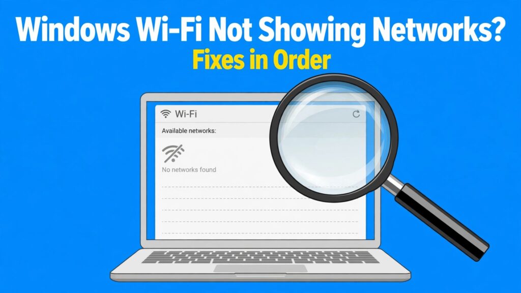 fix Windows Wi-Fi not showing networks thumbnail showing a laptop with an empty network list under a magnifier