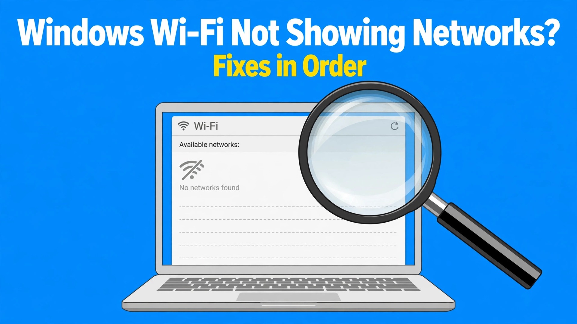 fix Windows Wi-Fi not showing networks thumbnail showing a laptop with an empty network list under a magnifier