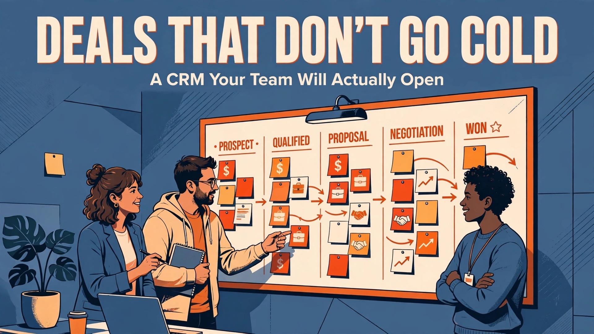 Best CRM tool for small business sales thumbnail showing a sales team at a pipeline board and a bold hook