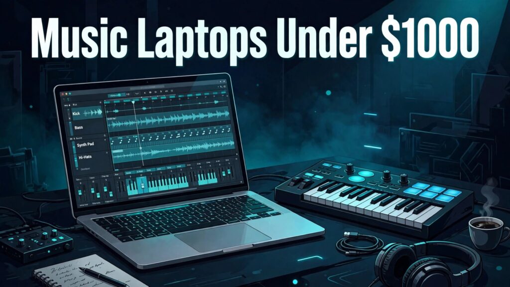 Best laptop for music production under 1000 shown running music production software in a studio" — Hook title in image: "Music Laptops Under $1000