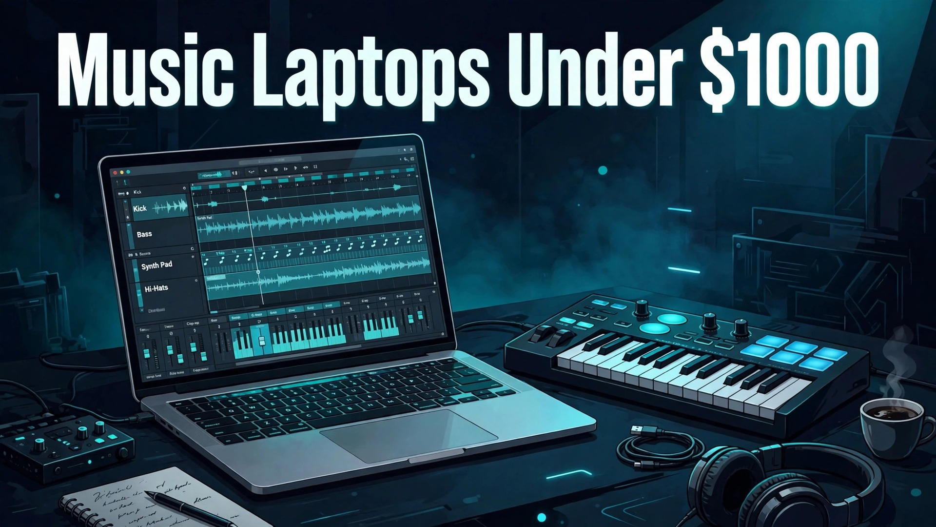 Best laptop for music production under 1000 shown running music production software in a studio" — Hook title in image: "Music Laptops Under $1000