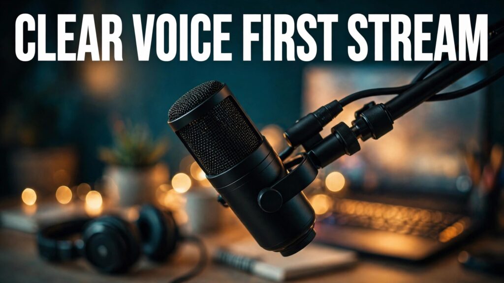 Best microphone for streaming beginners thumbnail showing a studio microphone on a boom arm with a bold hook