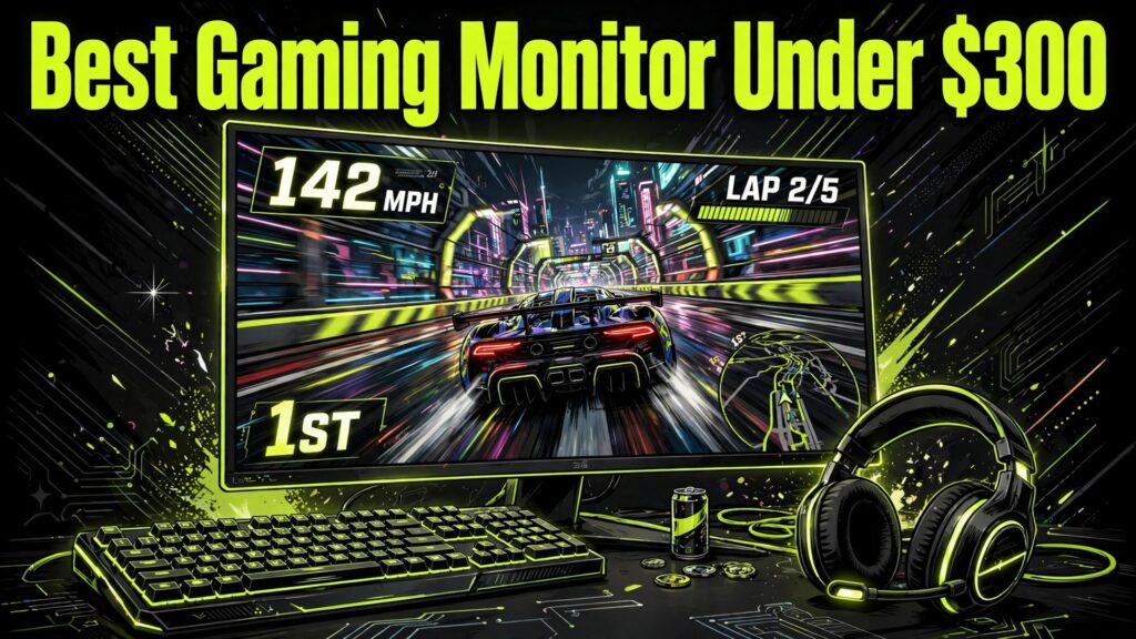 Best monitor for gaming under 300 showing a racing game on a large gaming screen" — Hook title in image: "Best Gaming Monitor Under $300