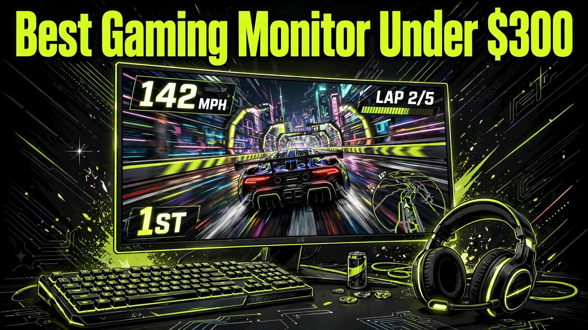 Best monitor for gaming under 300 showing a racing game on a large gaming screen" — Hook title in image: "Best Gaming Monitor Under $300