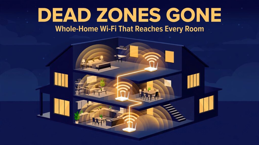 Best router for large home coverage thumbnail showing a three-storey house with mesh nodes on every floor and a bold hook