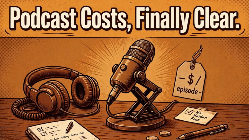 The real cost of starting a podcast setup explained with a microphone, headphones and price tag" — Hook title in image: "Podcast Costs, Finally Clear