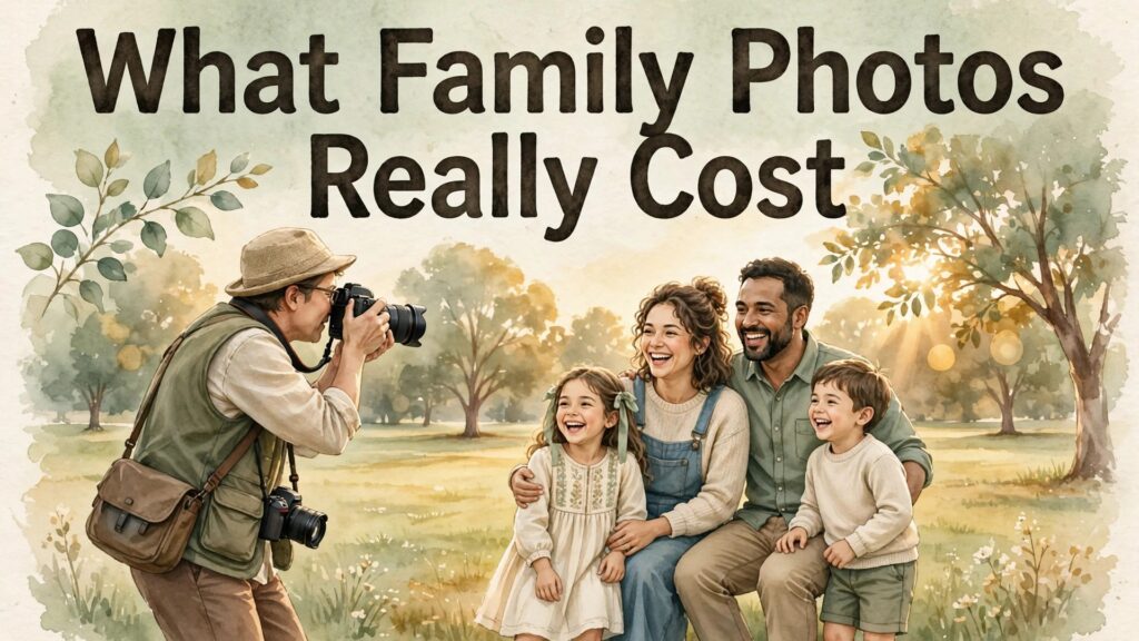 Family photography pricing packages explained as a photographer photographs a family at golden hour" — Hook title in image: "What Family Photos Really Cost