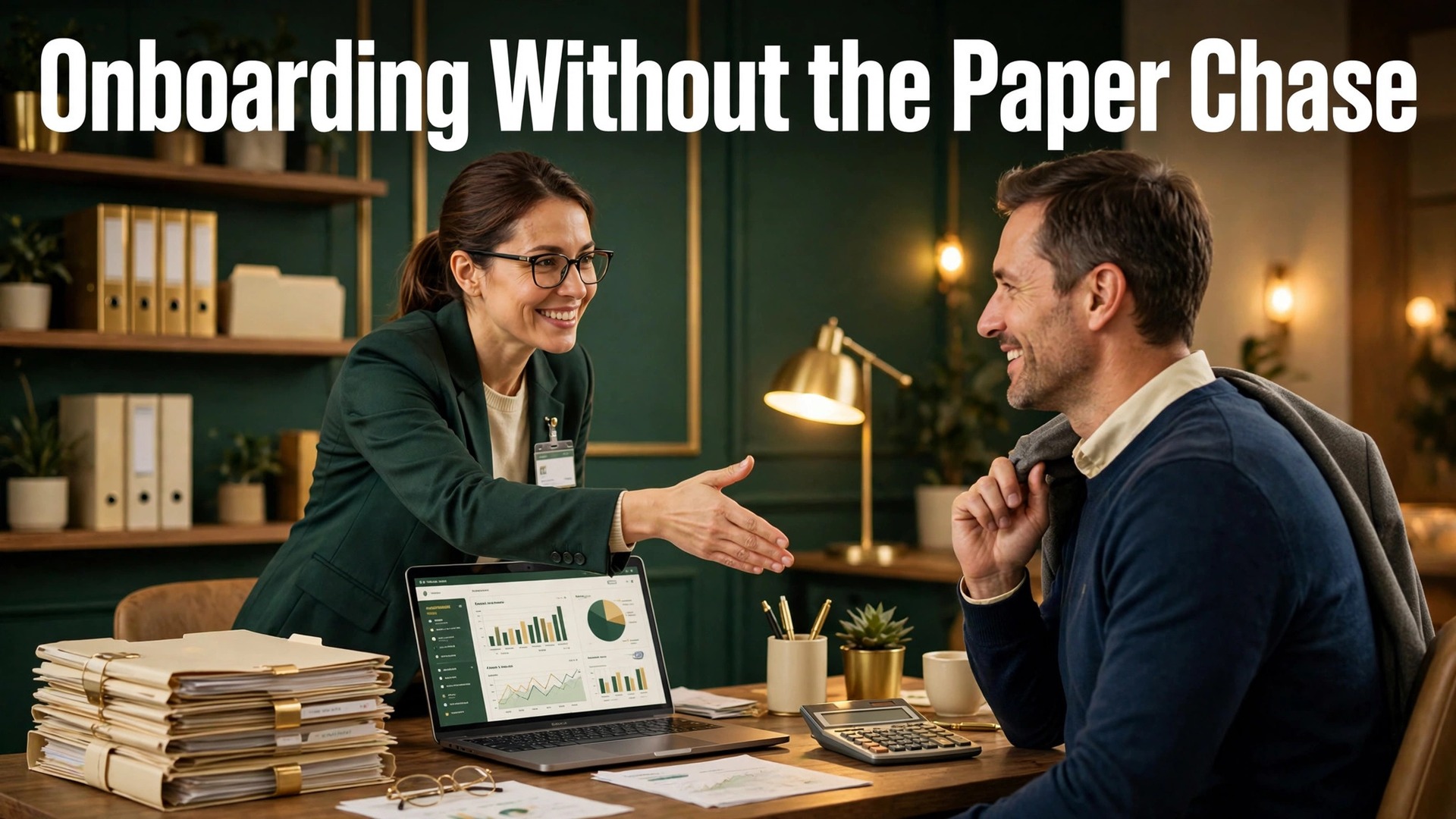 use AI for accounting firm client onboarding thumbnail showing an accountant welcoming a client beside a dashboard laptop with bold hook text Onboarding Without the Paper Chase