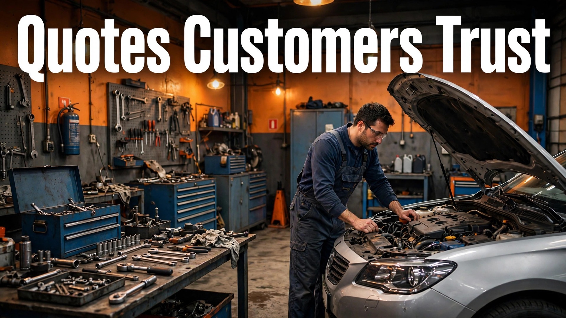 use AI for auto repair shop quote estimates thumbnail showing a mechanic inspecting an open-hood car beside a tool wall with bold hook text Quotes Customers Trust