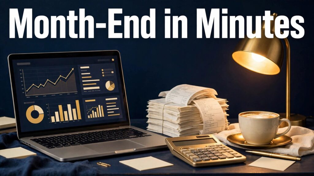 use AI for bookkeeping small business thumbnail showing a tidy desk with laptop dashboard receipts and calculator with bold hook text Month-End in Minutes