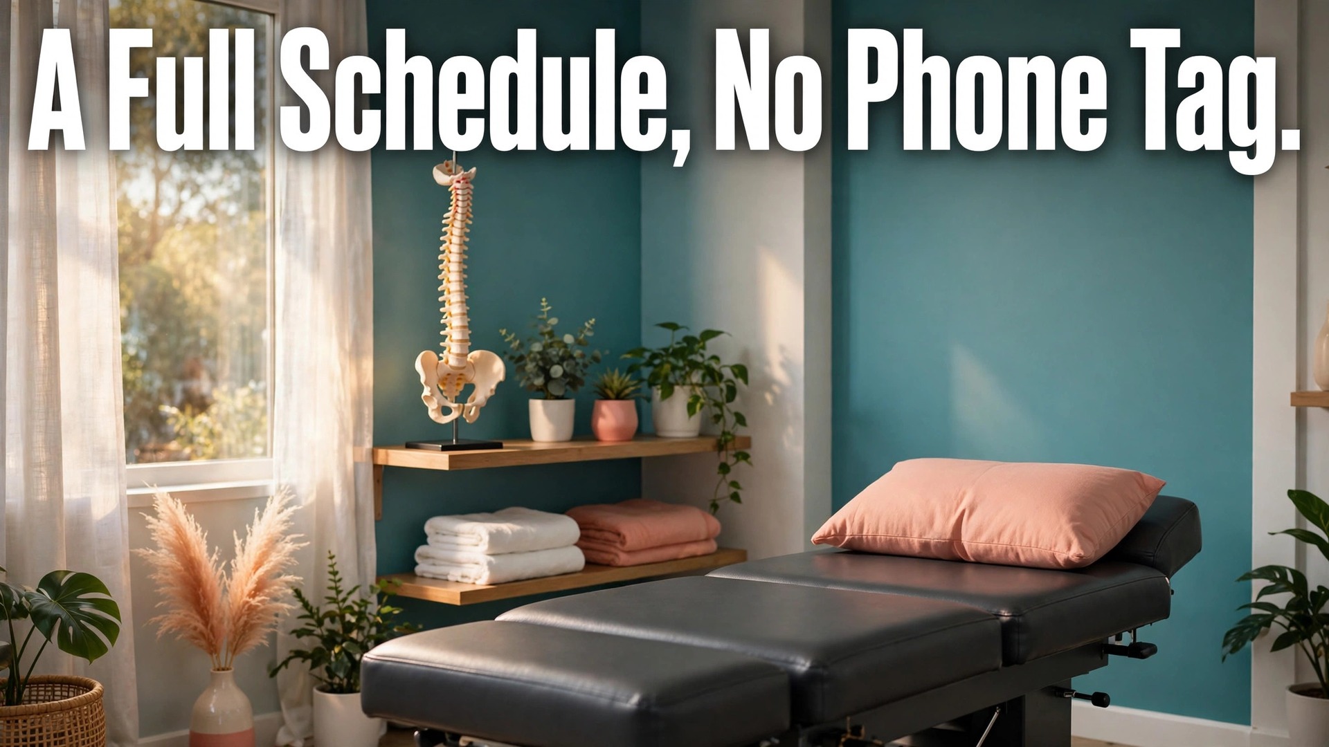 use AI for chiropractic clinic patient scheduling thumbnail showing a calm clinic treatment room with a spine model and bold hook text A Full Schedule No Phone Tag