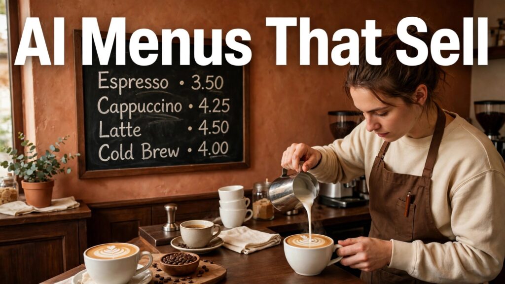 use AI for coffee shop menu design thumbnail showing a barista pouring latte art beside a menu board with bold hook text AI Menus That Sell