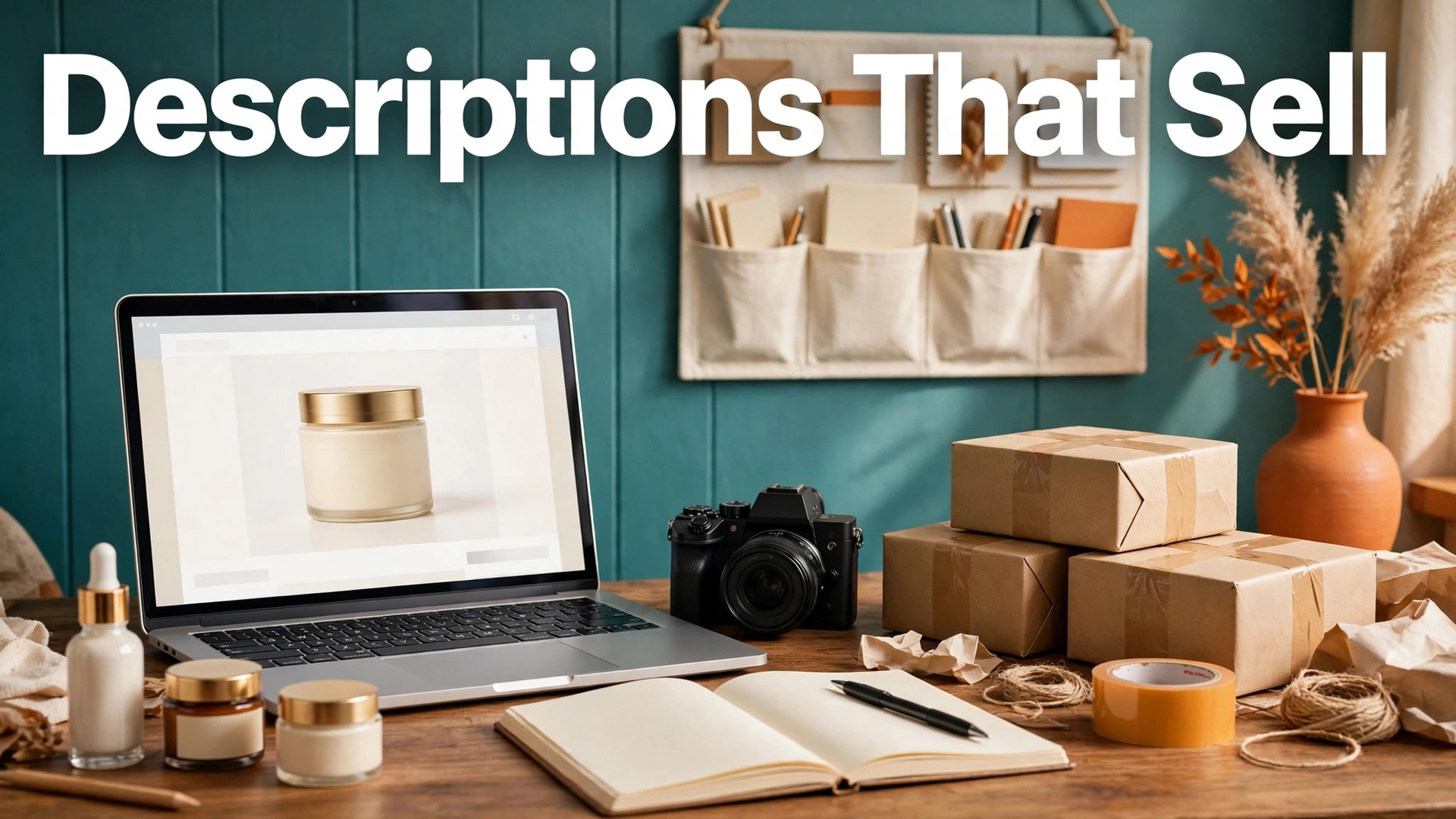 use AI for ecommerce product description writing thumbnail showing a laptop with a product page beside a camera notebook and parcels with bold hook text Descriptions That Sell