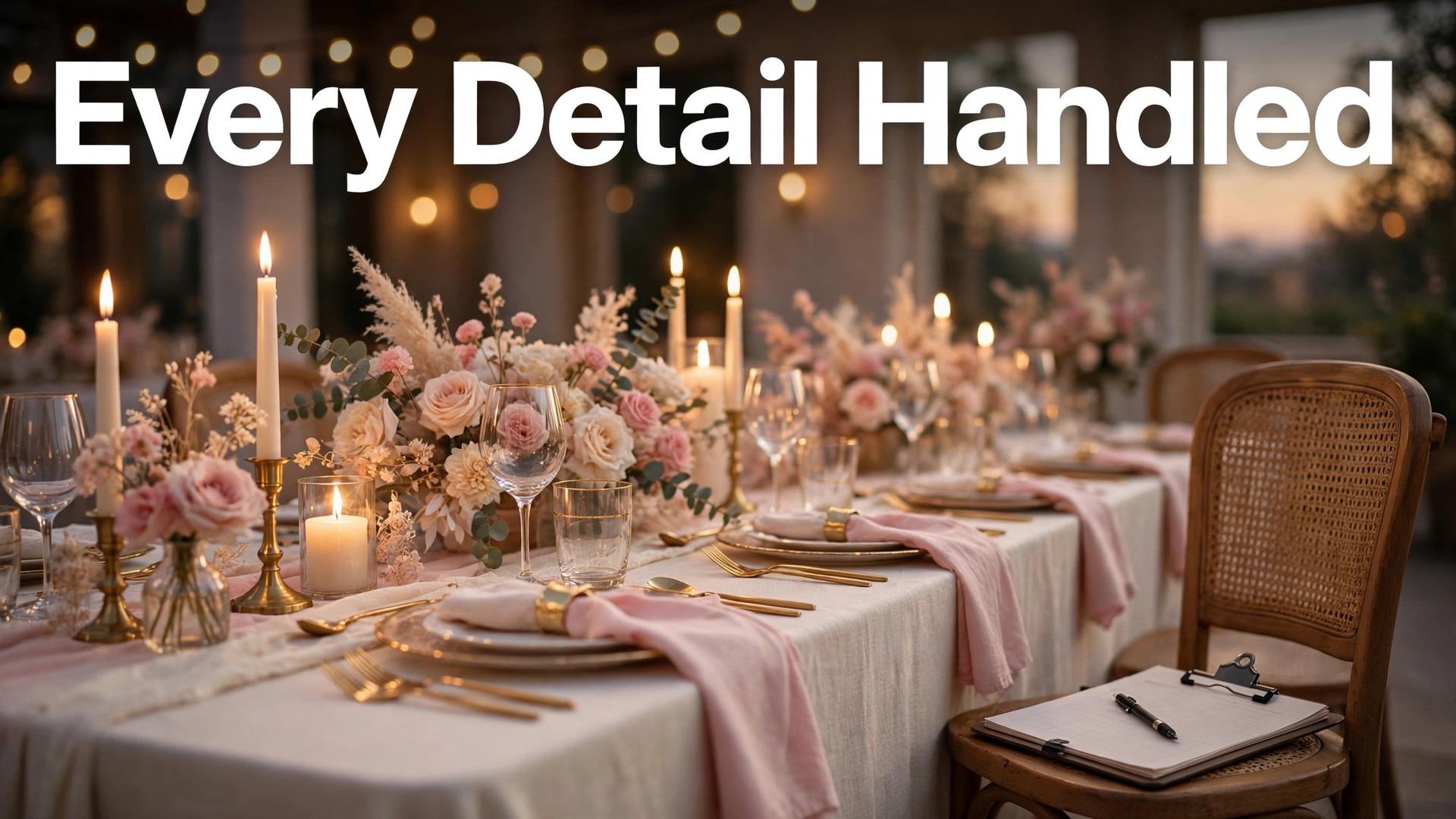 use AI for event planning business client management thumbnail showing an elegant banquet table with candles roses and a planner clipboard with bold hook text Every Detail Handled