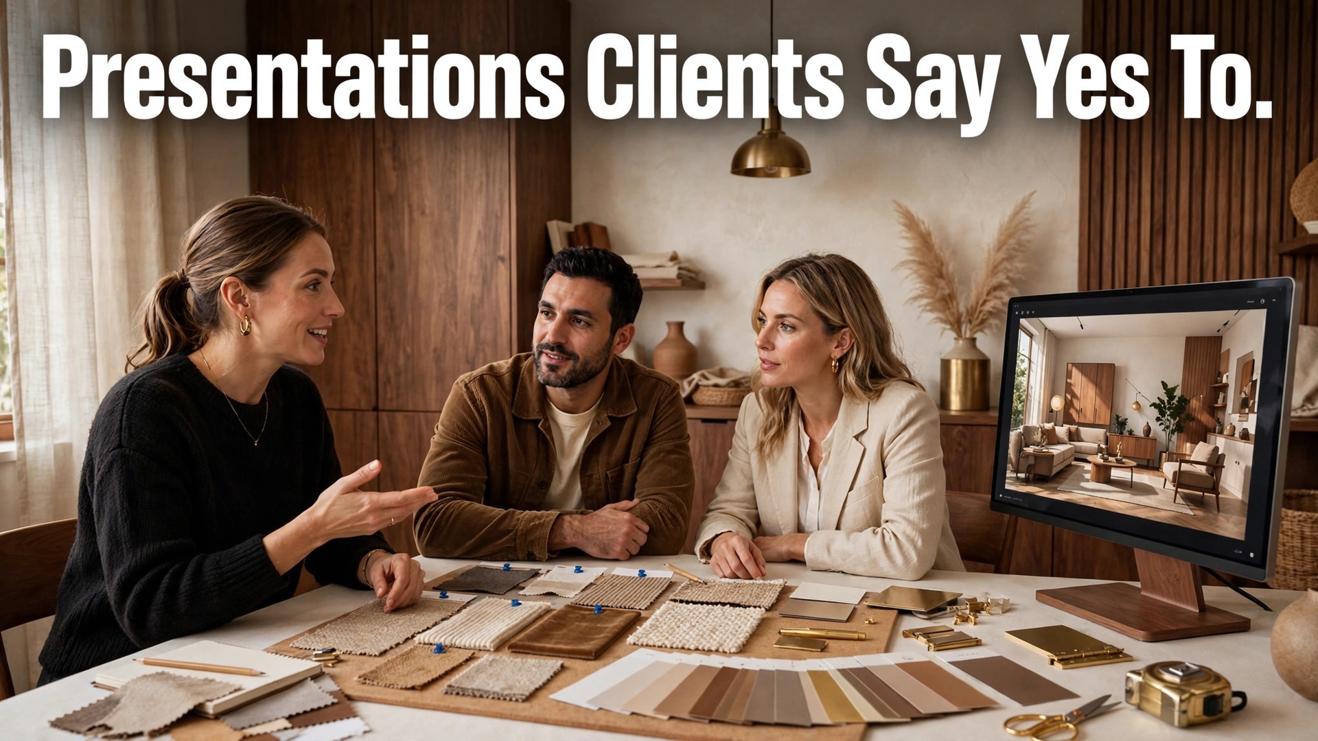 use AI for interior design client presentations thumbnail showing a designer presenting swatches and a 3D room rendering to clients with bold hook text Presentations Clients Say Yes To