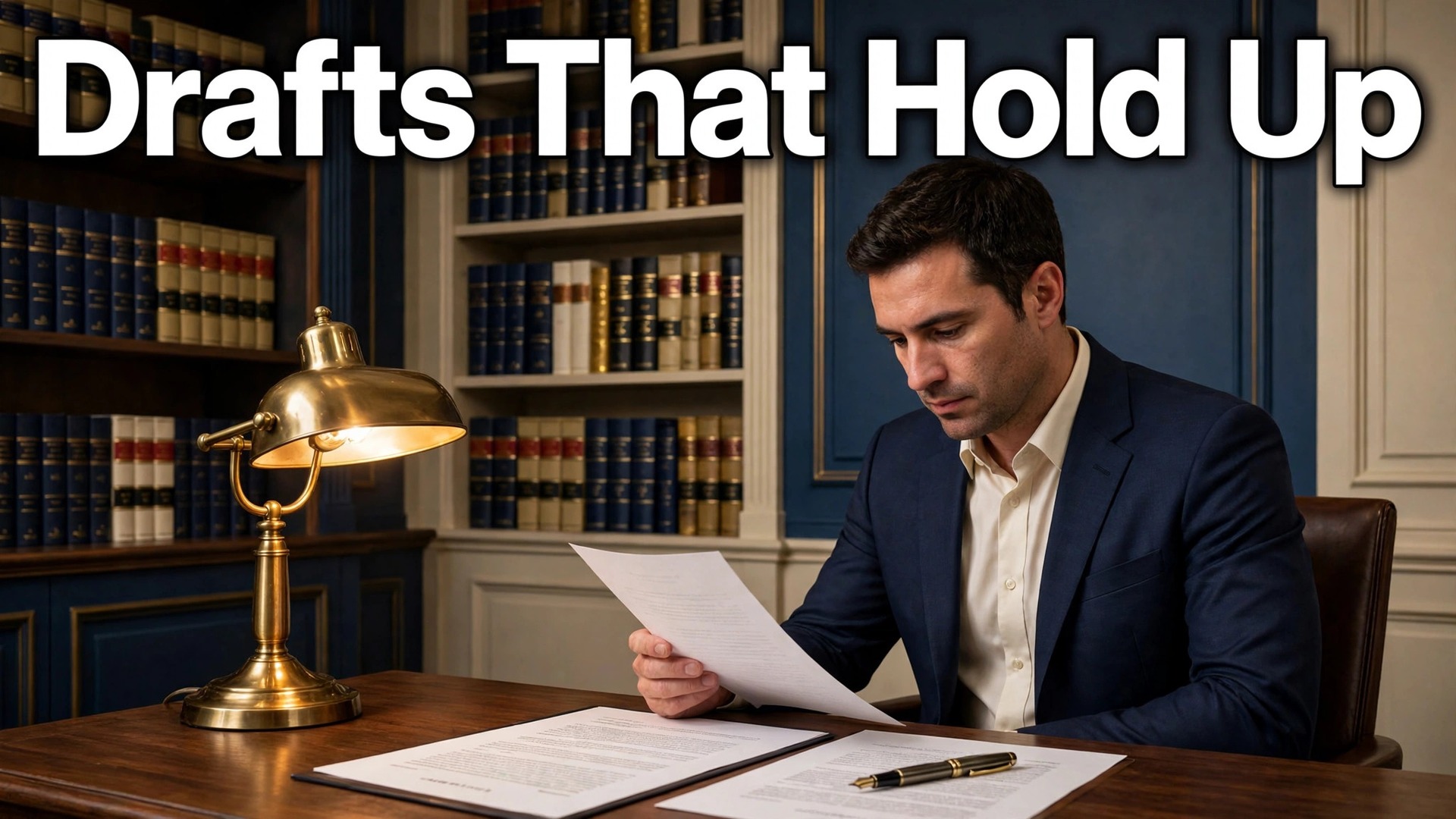 use AI for law firm document drafting thumbnail showing a lawyer reviewing a contract beside law books and a brass lamp with bold hook text Drafts That Hold Up