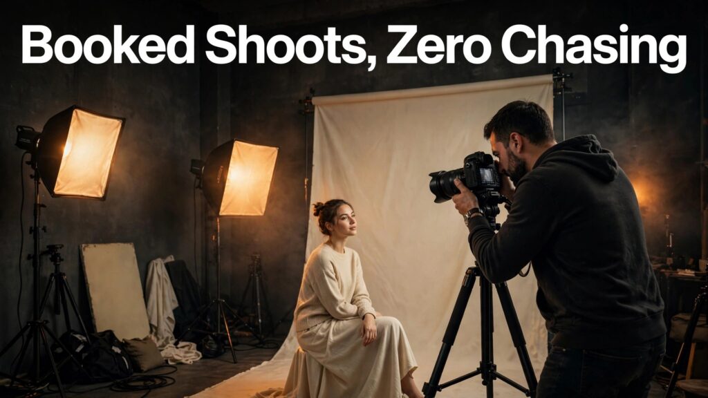 use AI for photography studio booking management thumbnail showing a studio portrait session with softboxes and a backdrop with bold hook text Booked Shoots Zero Chasing